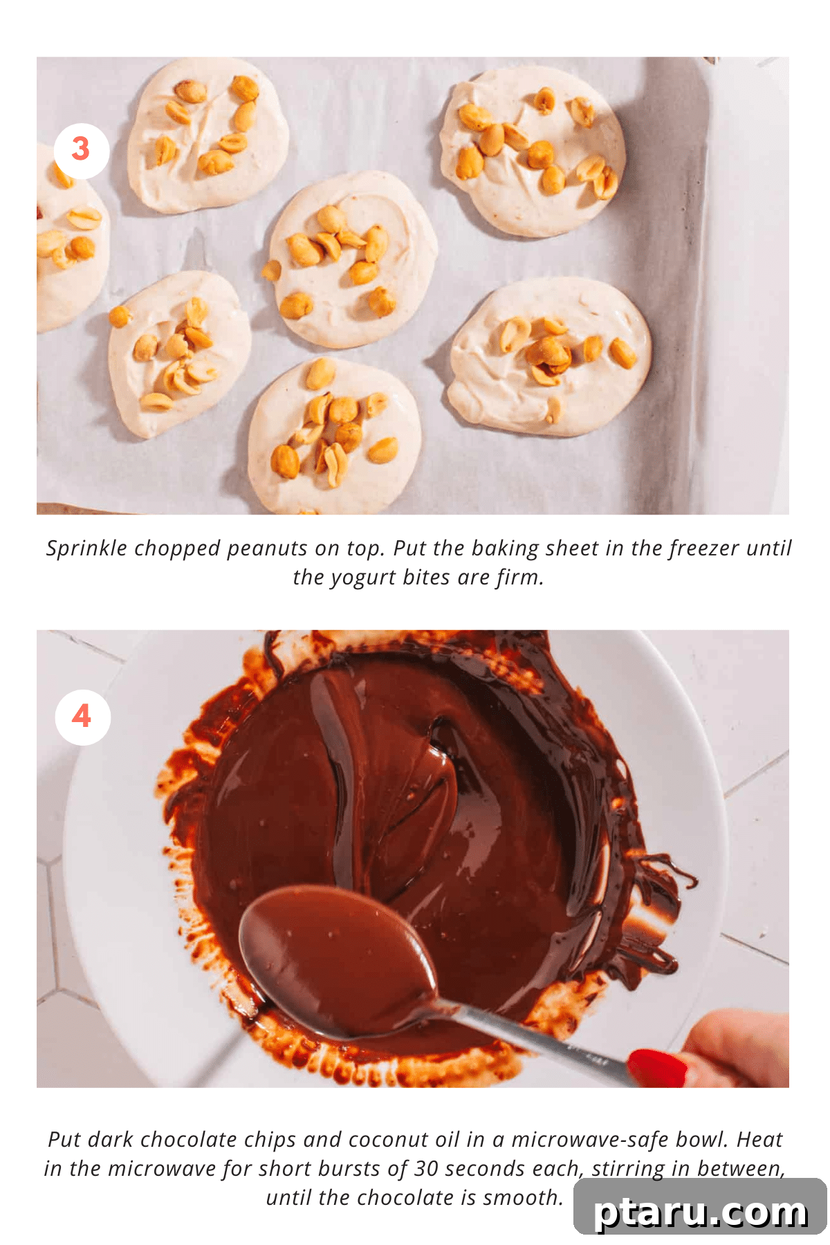 Frozen Peanut Butter Chocolate Greek Yogurt Bites 6 Image showing frozen yogurt bites sprinkled with peanuts on a baking sheet