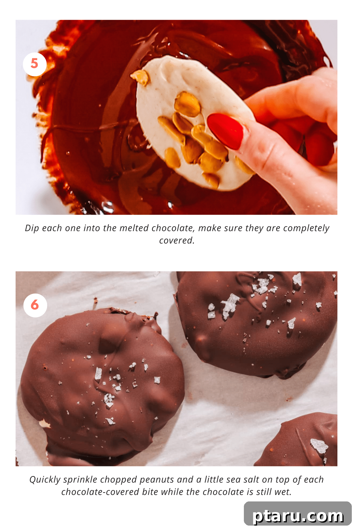 Frozen Peanut Butter Chocolate Greek Yogurt Bites 7 Image demonstrating dipping frozen yogurt bites into melted chocolate