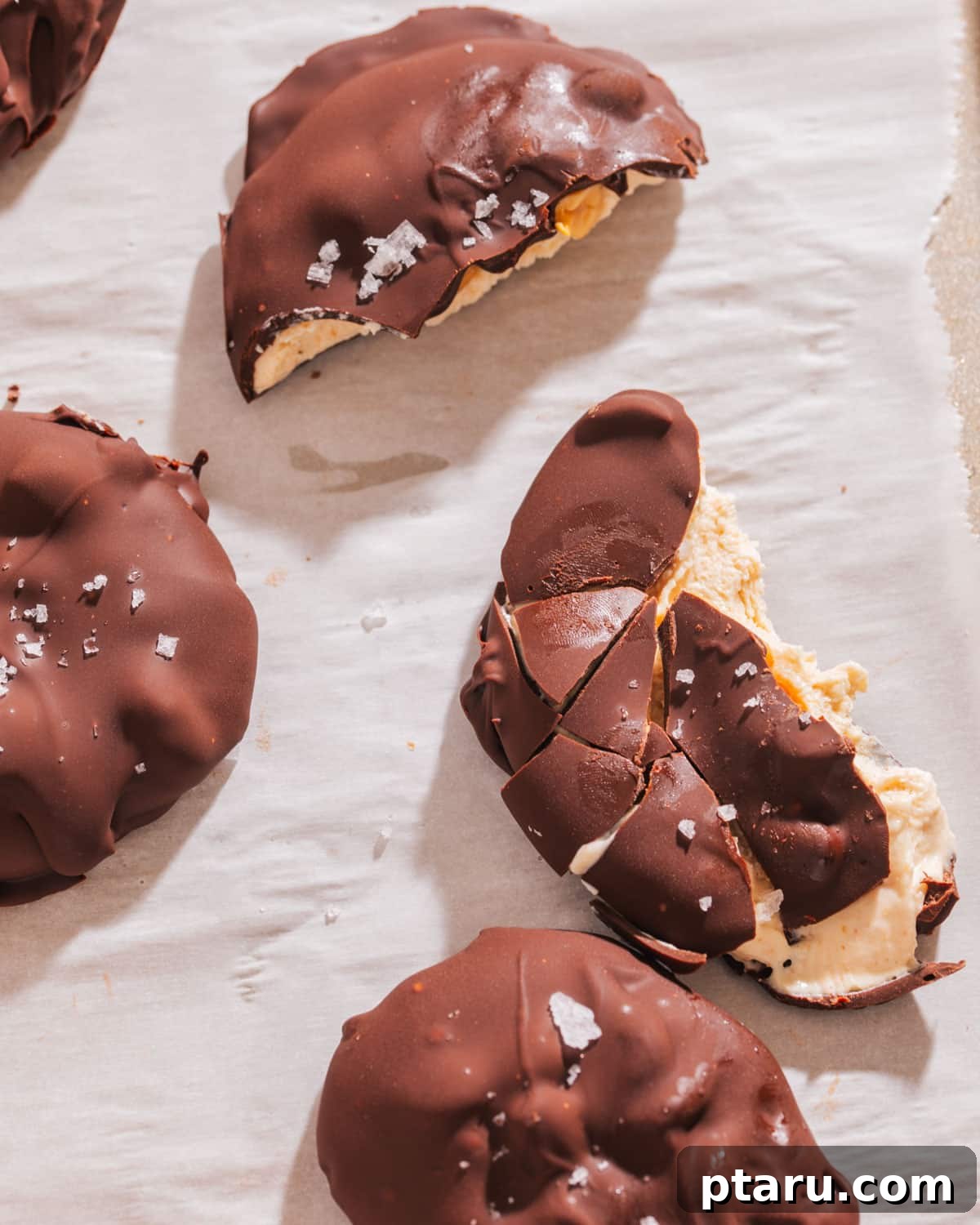Frozen Peanut Butter Chocolate Greek Yogurt Bites 8 Close-up of frozen yogurt bites with peanut butter Greek yogurt filling and chocolate coating