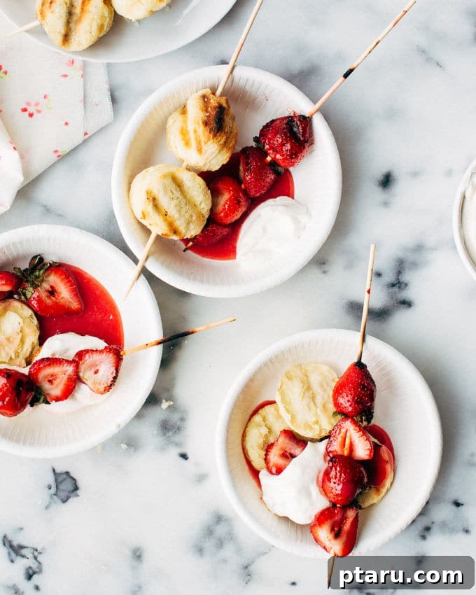 Beautifully assembled Grilled Strawberry Shortcake Kebabs arranged on a serving platter, ready for guests.