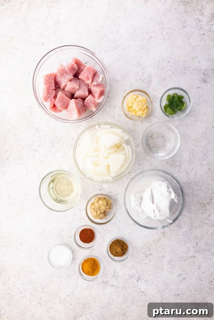 Fiery Goan Pork Vindaloo 3 Pork Vindaloo curry ingredients laid out on a kitchen counter.