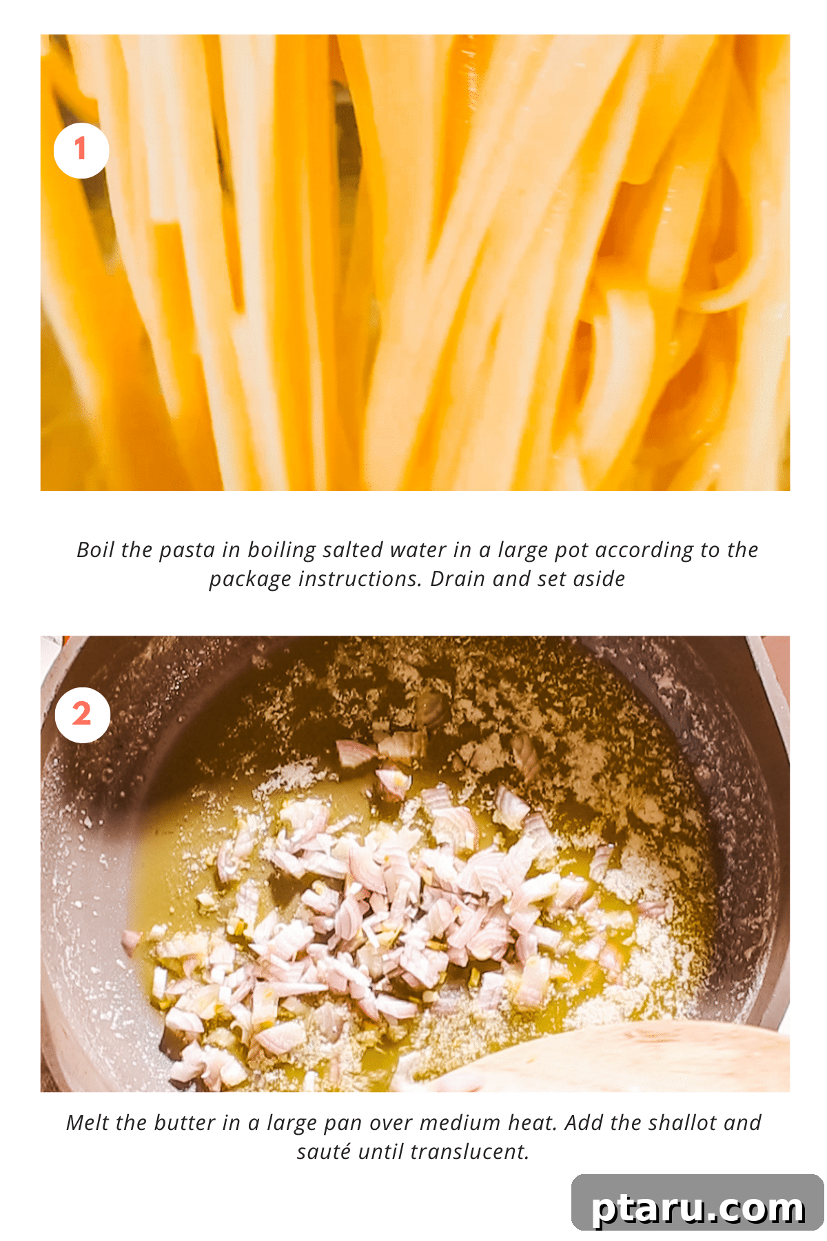 Decadent Lobster Pasta with White Wine Cream 4 Step-by-step image collage showing the process of making lobster pasta.