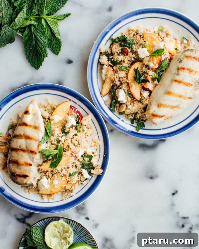 Peachy Mint Grilled Chicken Couscous Salad 2 Vibrant Grilled Chicken Couscous Salad with Peaches and Mint, ready to be served