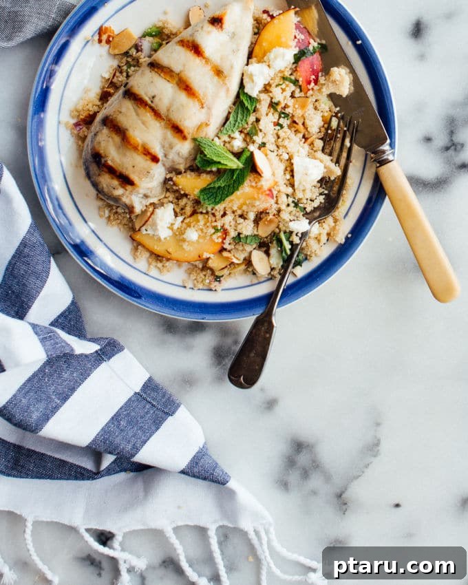Peachy Mint Grilled Chicken Couscous Salad 6 Ingredients for Grilled Chicken Couscous Salad laid out, including fresh peaches and mint