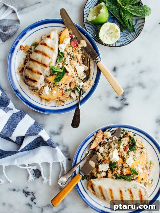 Peachy Mint Grilled Chicken Couscous Salad 7 Overhead view of a delicious Grilled Chicken Couscous Salad with Peaches and Mint