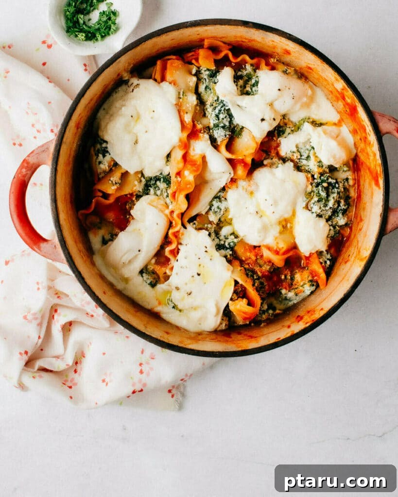 Beyond Basic The Webs Most Unique Pasta Creations 13 Hearty one-pot stovetop skillet lasagna, richly sauced and ready to be served from the pan.