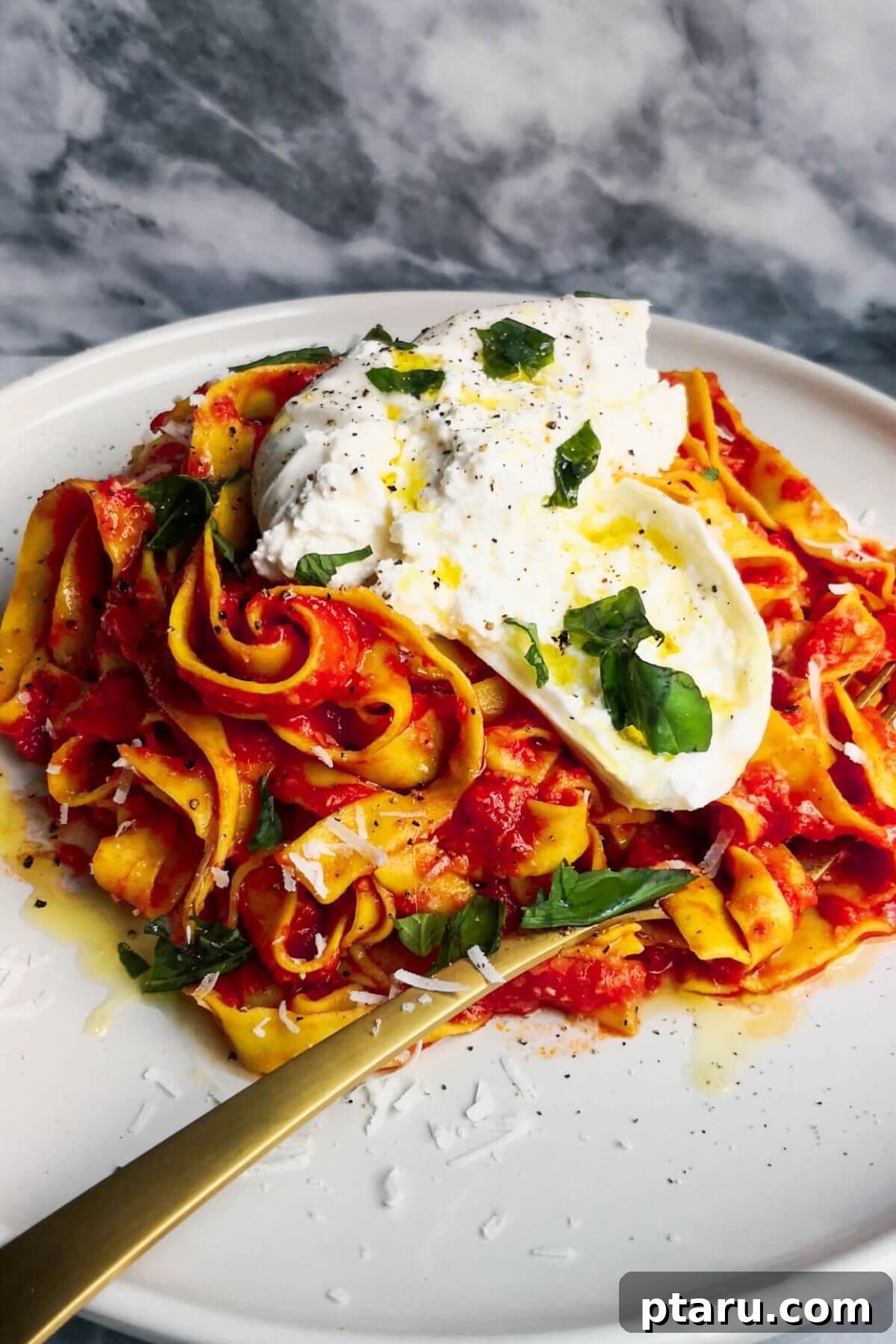 Beyond Basic The Webs Most Unique Pasta Creations 14 Fettuccine pasta beautifully tossed with spicy Nduja sauce and crowned with creamy burrata cheese.
