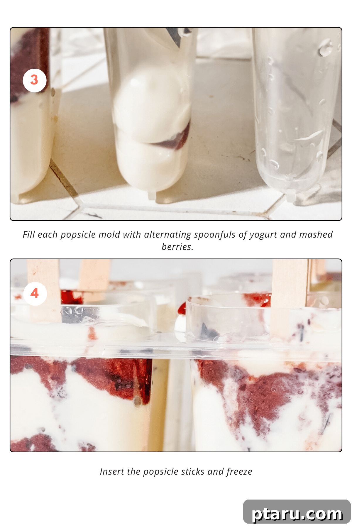 Easy 5-Minute 3-Ingredient Yogurt Popsicles 5 Steps in making yogurt popsicle, showing popsicles in molds ready for freezing.