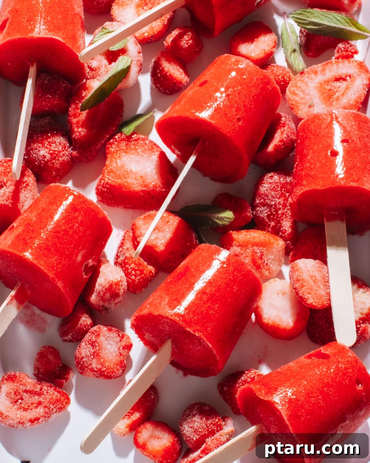 Effortless Three Ingredient Strawberry Pops 2 Beautifully arranged strawberry popsicles on a bed of frozen strawberries, showcasing their vibrant red color and refreshing appeal.