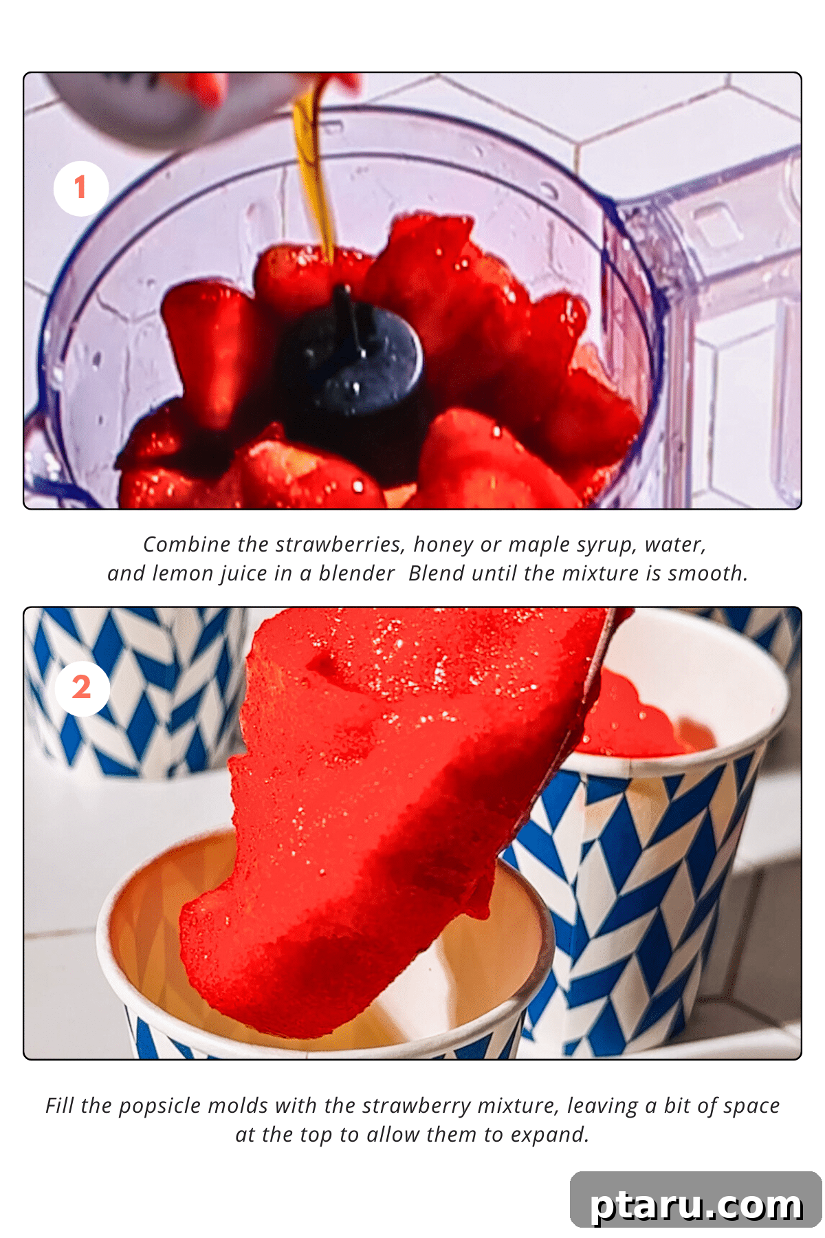 Effortless Three Ingredient Strawberry Pops 5 Step-by-step image showing the process of blending ingredients and pouring the strawberry mixture into popsicle molds.