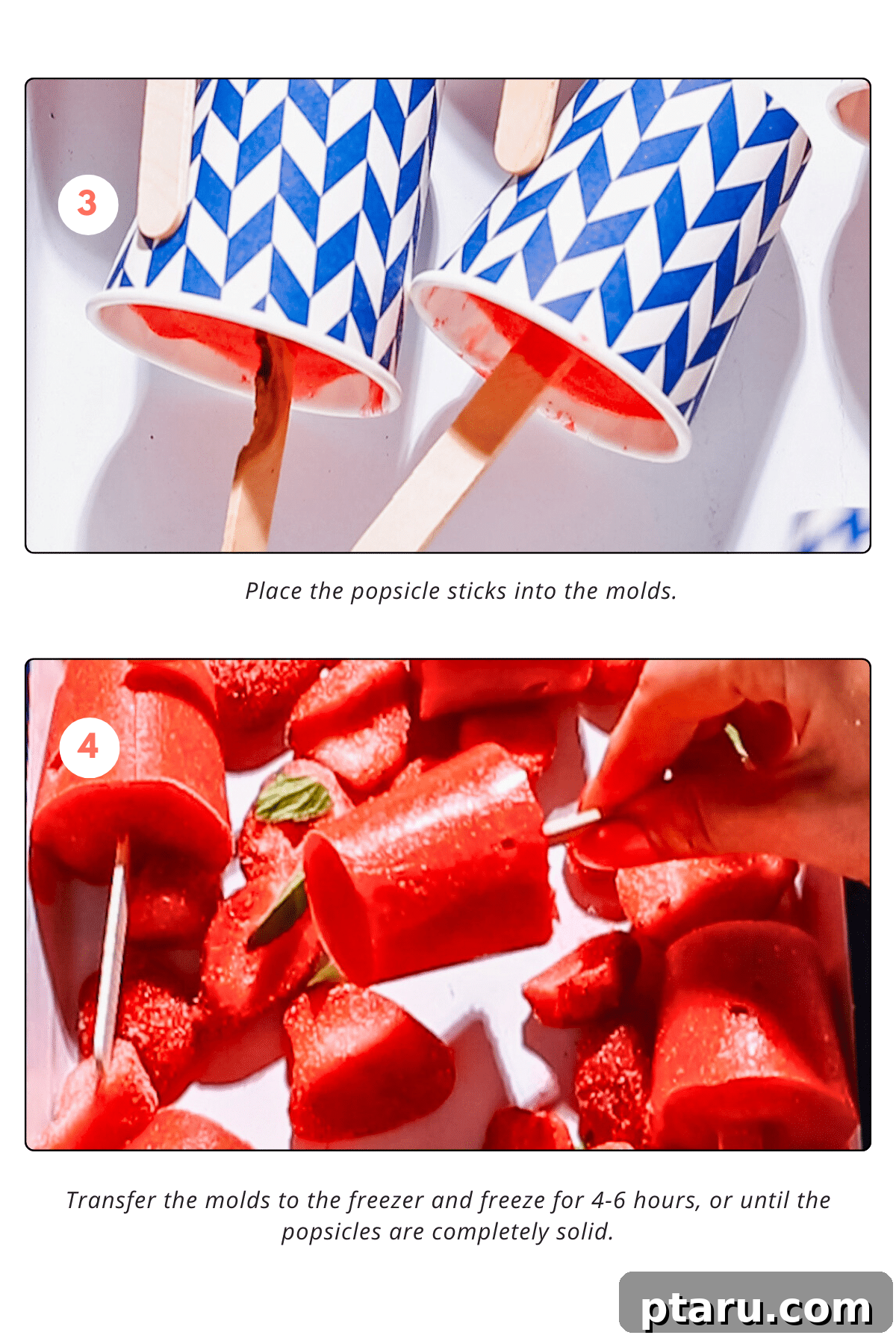 Effortless Three Ingredient Strawberry Pops 6 Final step of making strawberry popsicles, showing how to easily release them from molds and a finished popsicle.