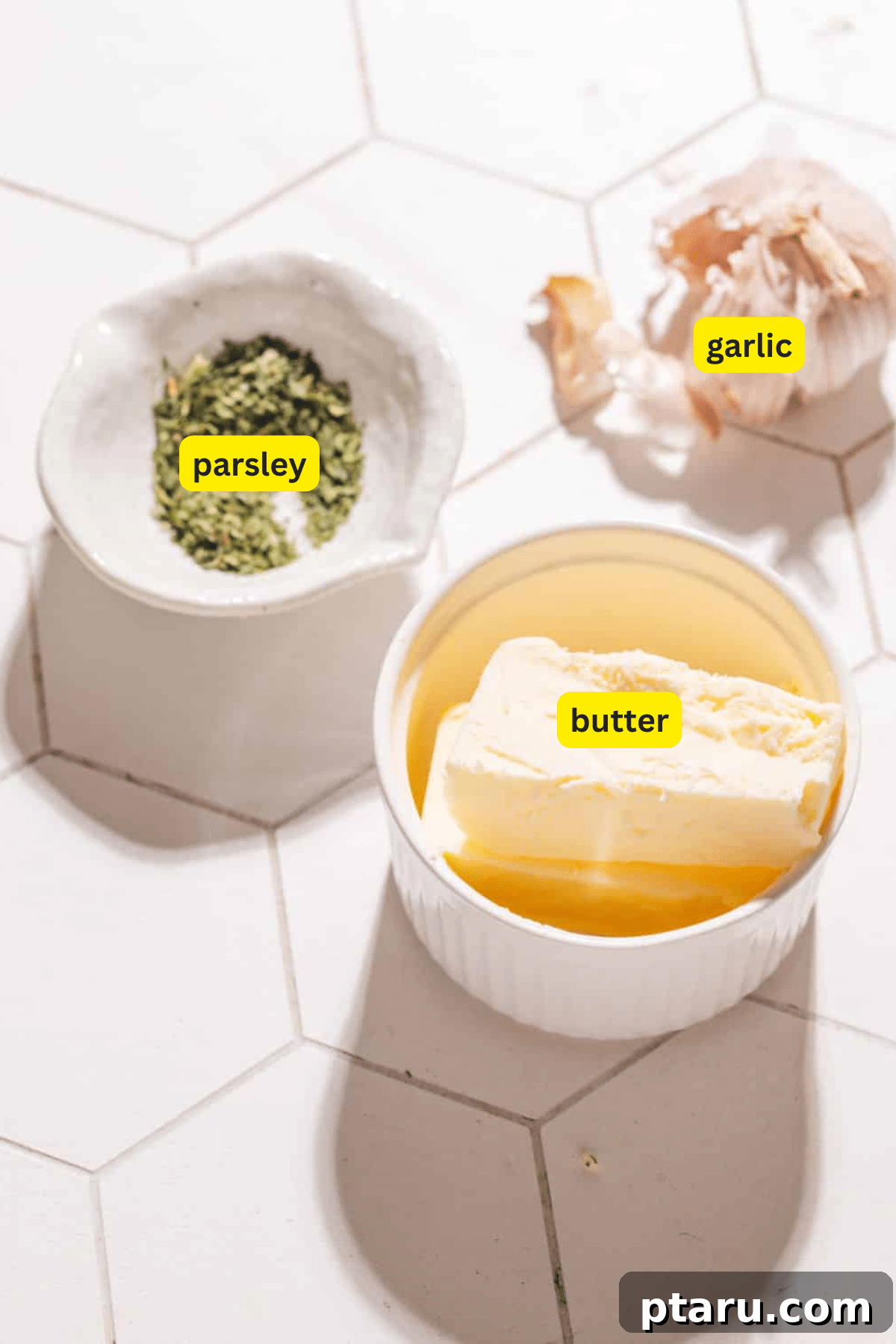 Speedy Three Ingredient Garlic Butter 3 Fresh ingredients for Garlic Butter Sauce including butter, garlic cloves, and parsley.