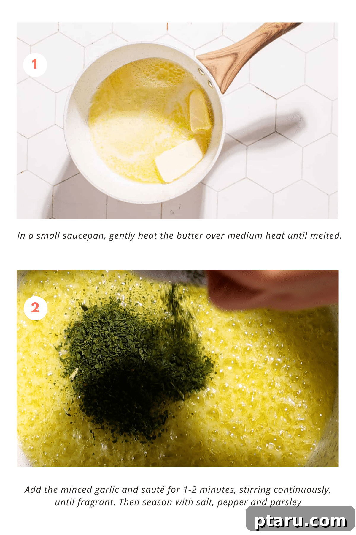 Speedy Three Ingredient Garlic Butter 4 Step-by-step images showing butter melting and garlic sautéing for Garlic Butter Sauce.