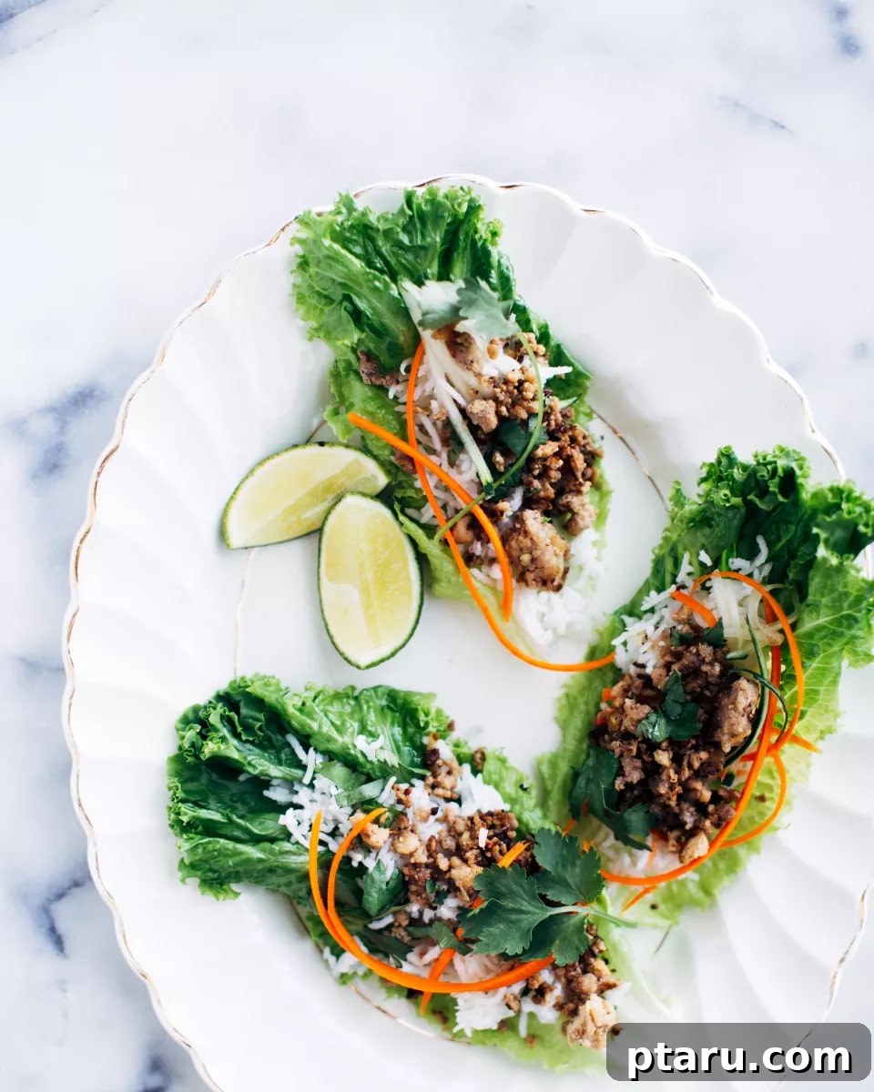 Crispy Pork Lettuce Wraps with Savory Peanut Sauce 3 Close-up of a hand preparing a crispy pork and tofu lettuce wrap with fresh ingredients and a drizzle of peanut sauce.