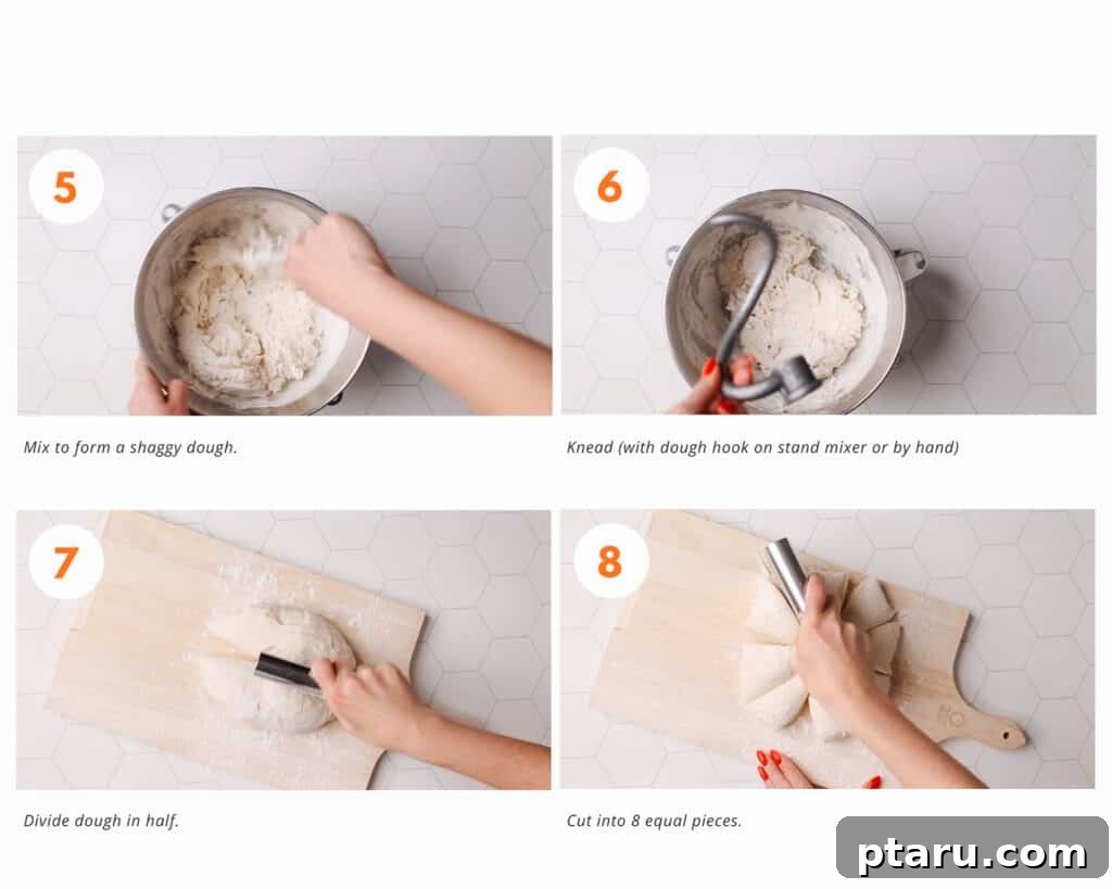 Unbelievably Soft Stretchy Garlic Naan 5 A four-panel collage illustrating the next steps of naan preparation: turning out the dough onto a floured surface, dividing it into equal portions, rolling each into a ball, and arranging them on parchment paper for the first rise.