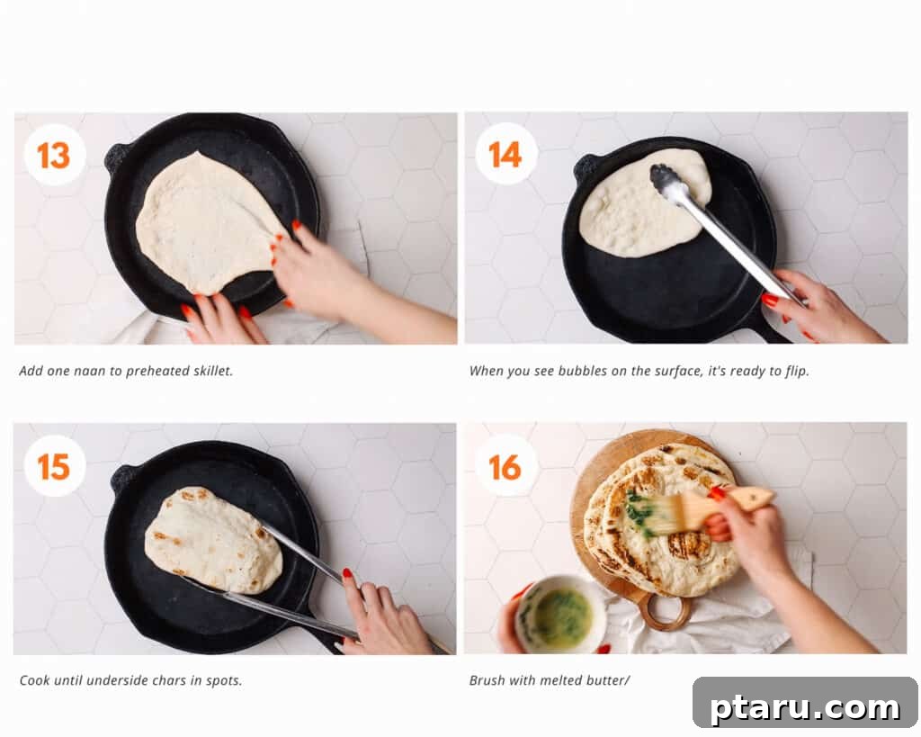 Unbelievably Soft Stretchy Garlic Naan 7 A four-panel collage illustrating the cooking process of naan: preheating a cast iron skillet, placing naan in the hot pan, naan bubbling and cooking, and the final flip for charring.