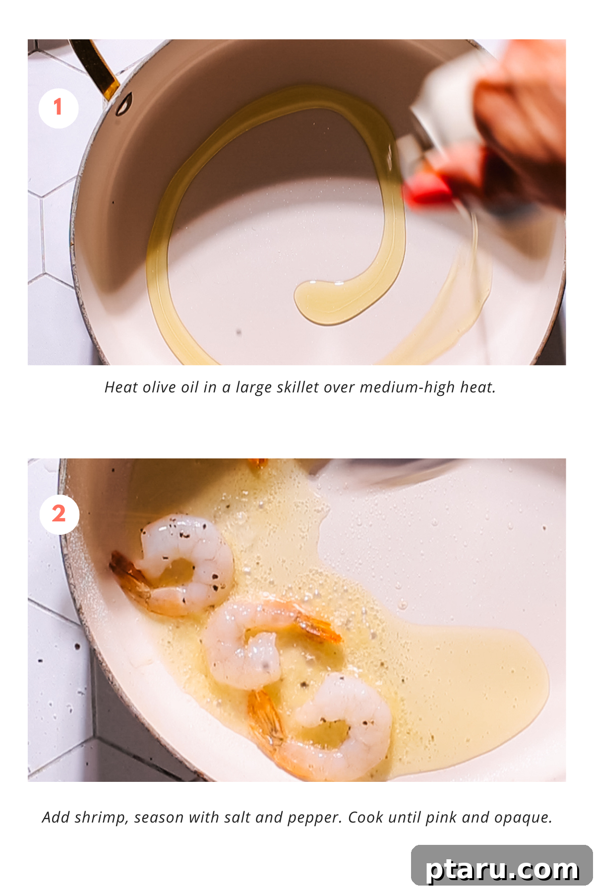 Zesty Lemon Cream Shrimp Pasta 5 Step-by-step imagery showing pasta cooking and shrimp searing for the shrimp pasta recipe, highlighting key stages.