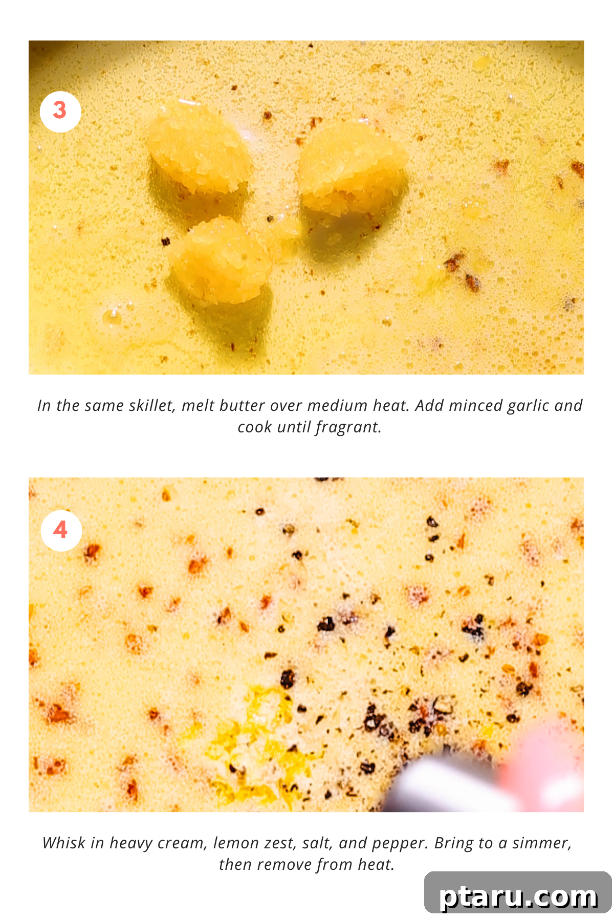 Zesty Lemon Cream Shrimp Pasta 6 Step-by-step imagery showing the cream sauce being made and finished for the shrimp pasta recipe, highlighting texture and color.