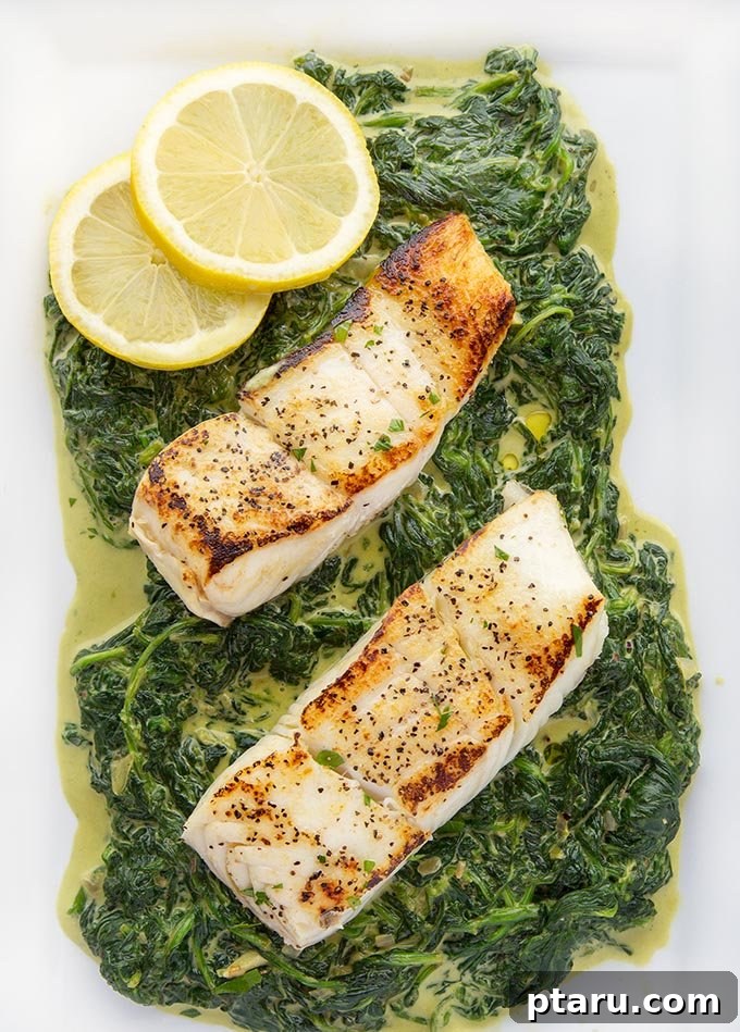 Halibut Perfection: Top Online Recipes 14 Succulent Pan-seared Halibut served on a bed of spinach.