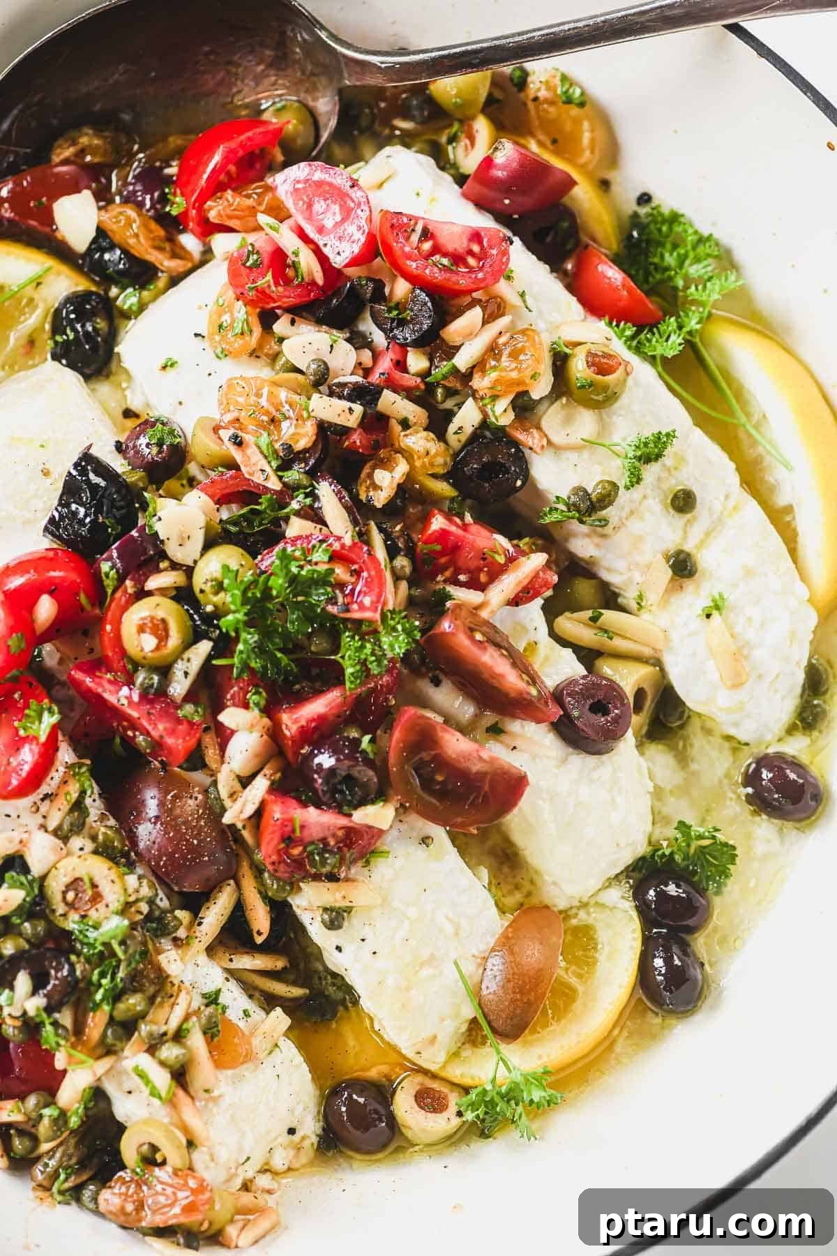 Halibut Perfection: Top Online Recipes 16 Beautifully baked Sicilian Halibut with Mediterranean ingredients.