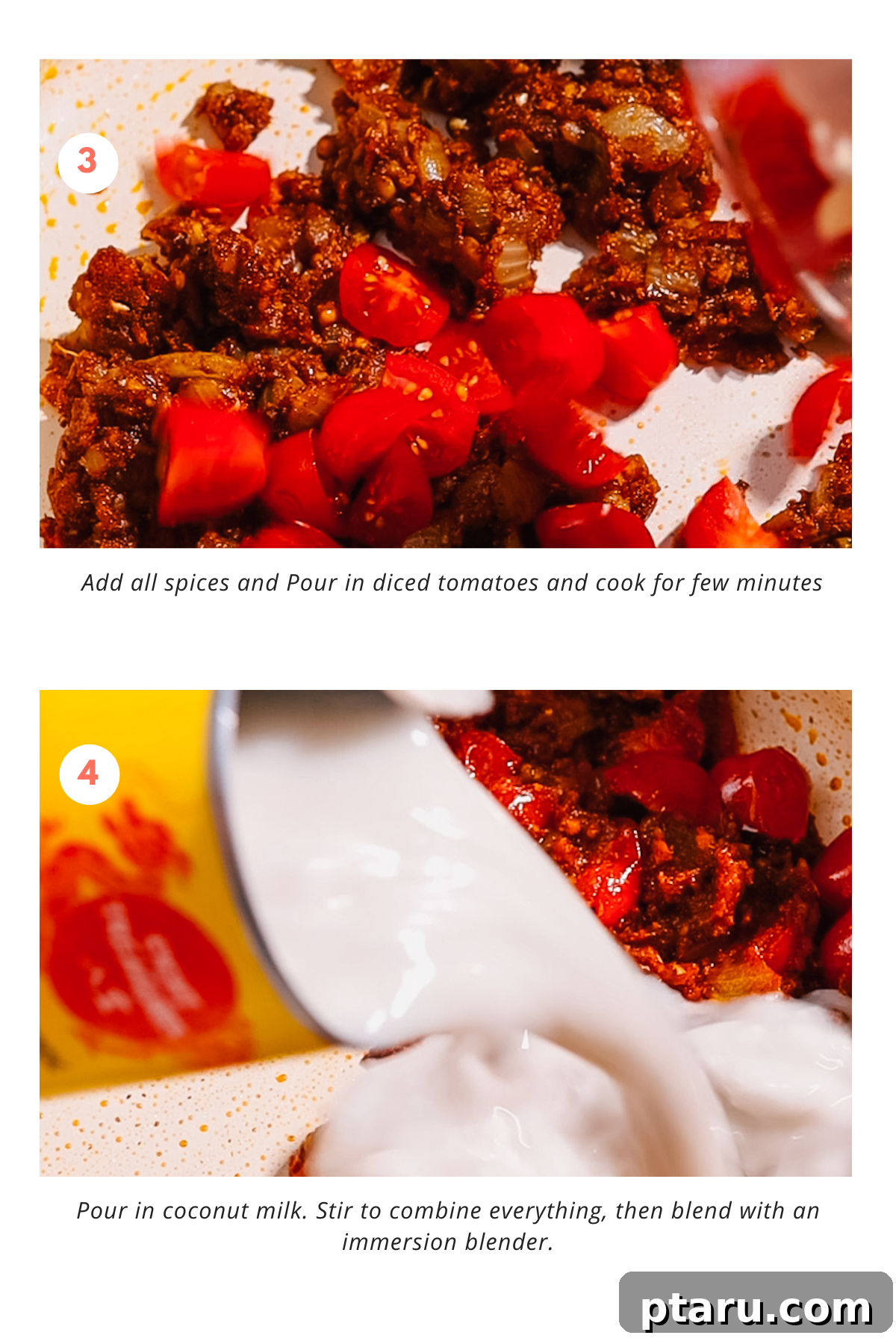 Speedy Coconut Chickpea Curry 5 Step-by-step image showing diced tomatoes added to the spiced onion mixture.