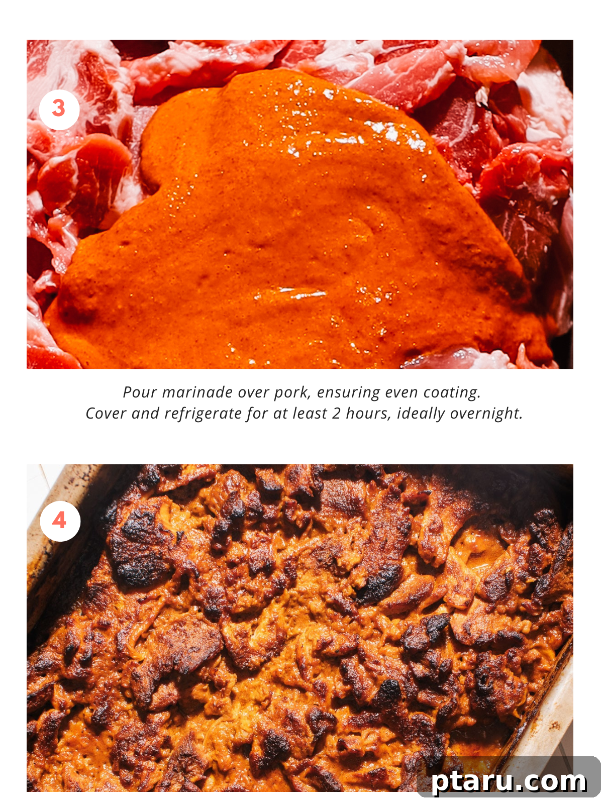 Effortless Tacos Al Pastor 6 Thinly sliced pork marinating in a baking dish