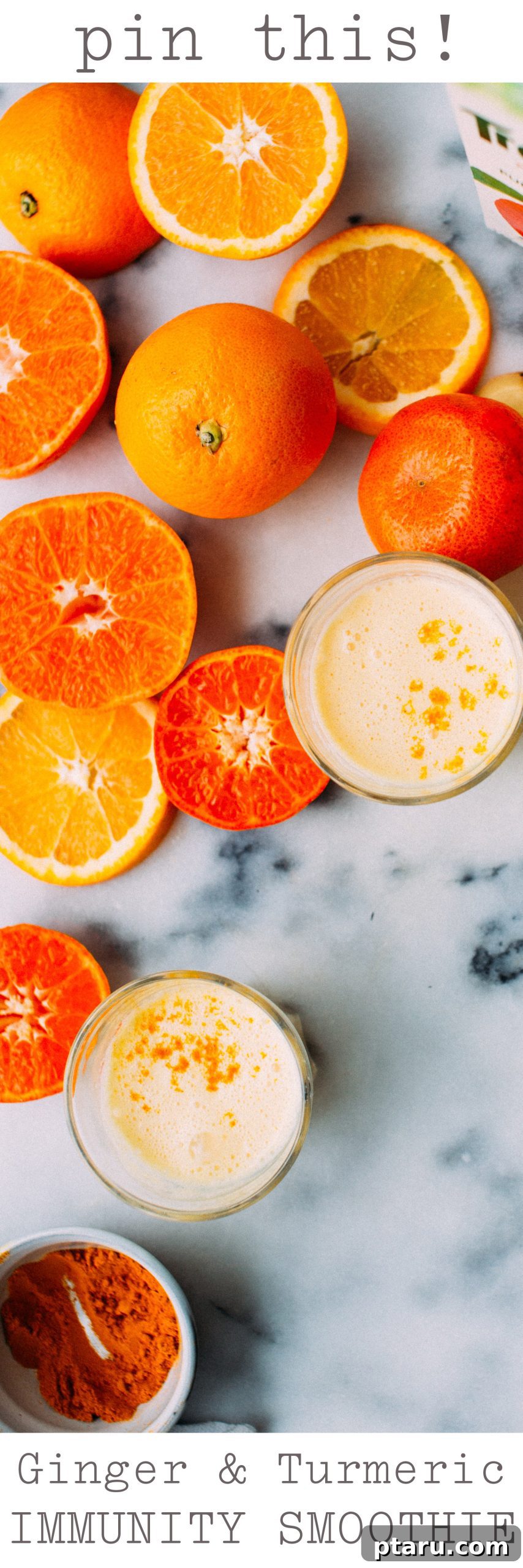 Golden Turmeric and Ginger Immune Support Smoothie 5 A glass of immunity smoothie next to fresh ginger root and an orange, illustrating the key ingredients.