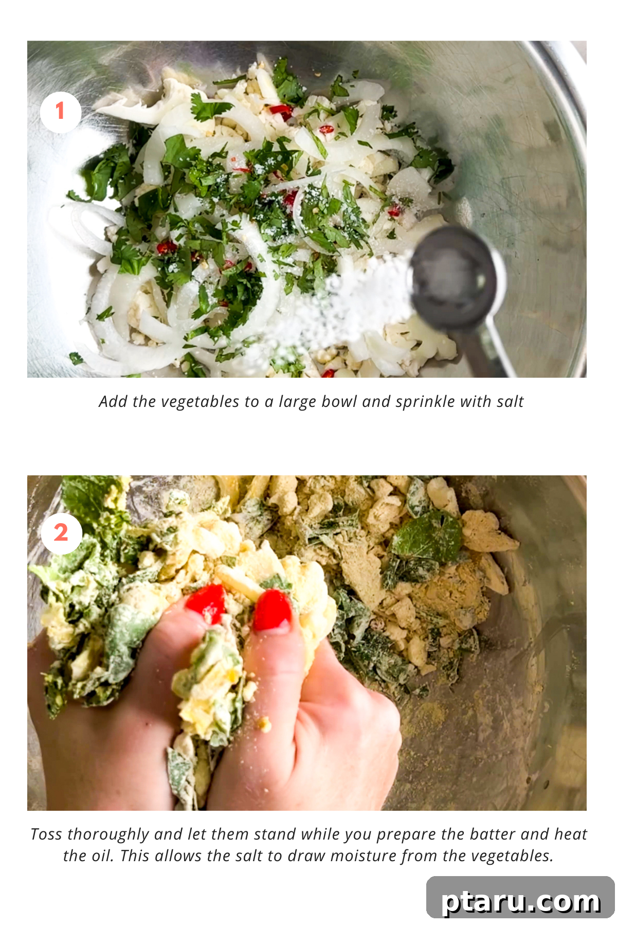 Easy Crispy Indian Pakora 4 Step-by-step visuals showing the preparation of pakora ingredients and batter mixing.