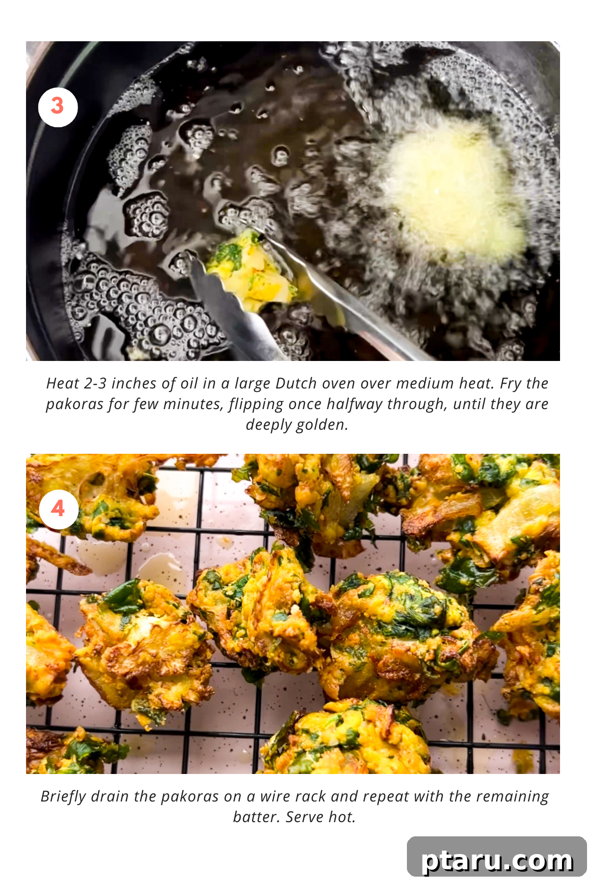 Easy Crispy Indian Pakora 6 Finished pakora draining on a wire rack, with steam gently rising, emphasizing their freshness.