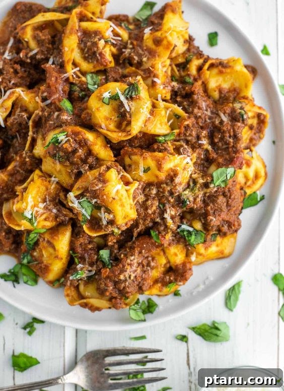 26 Hearty Meat Sauce Recipes: Delicious Dinners and Easy Leftovers 11 Bolognese with Tortellini, a quick and delicious pasta dish.