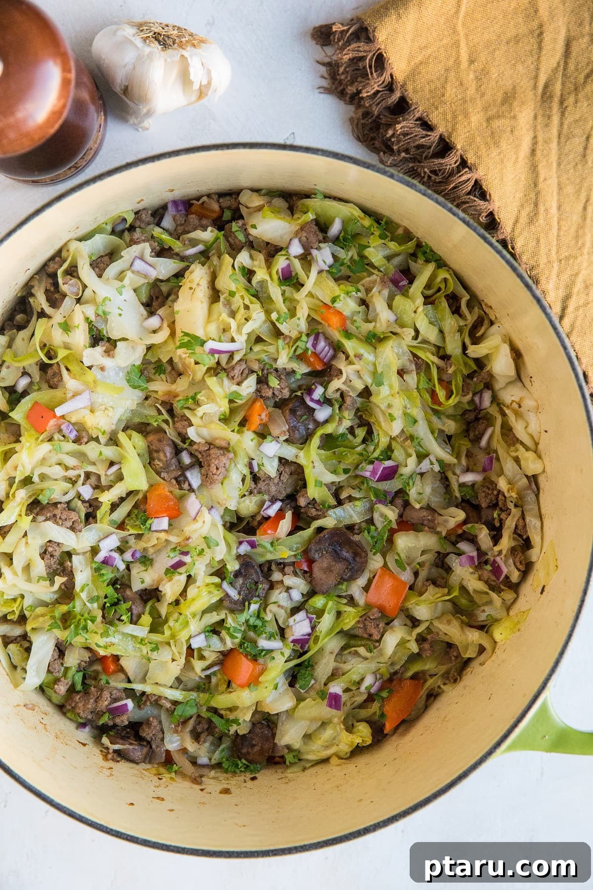 The Ultimate Ground Beef and Cabbage Recipe Collection 10 A hearty One-Pot Beef and Cabbage dish, ready to be served.