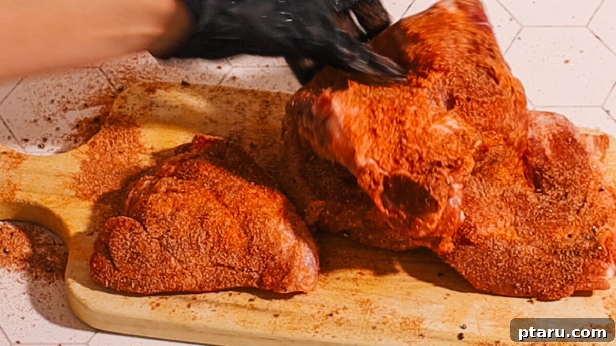 Effortless Instant Pot Fall-Apart Pulled Pork 4 Step 1: Pork pieces seasoned with a spice rub, ready for searing in the Instant Pot.