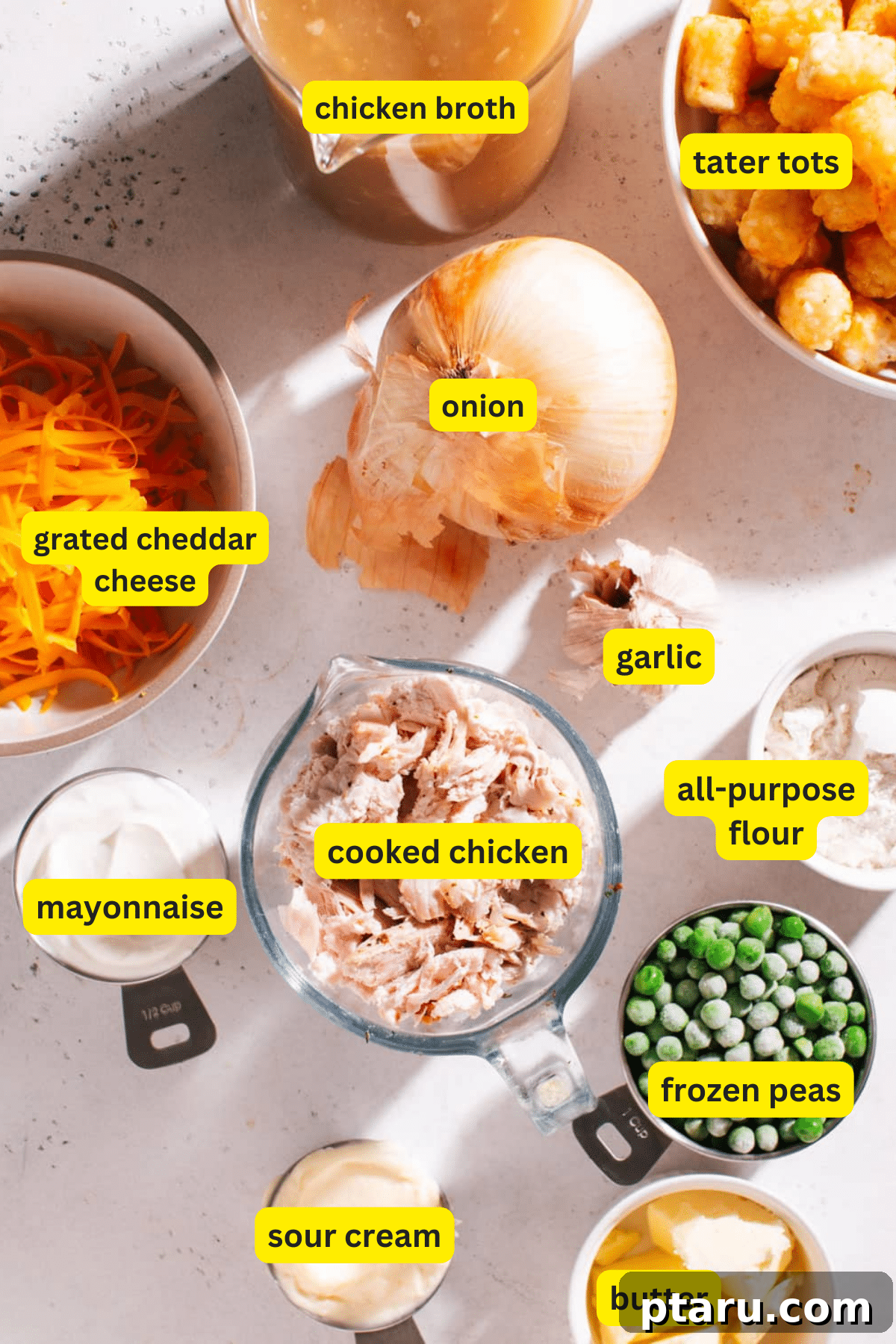 Deliciously Easy Chicken Tater Tot Casserole 3 All the essential ingredients laid out for making Chicken Tater Tot Casserole