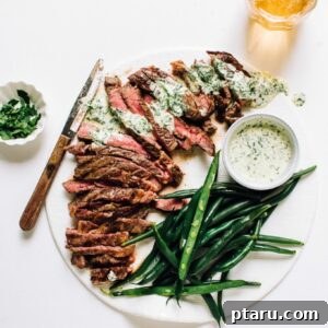 Flat iron steak recipe with green beans and sauce.