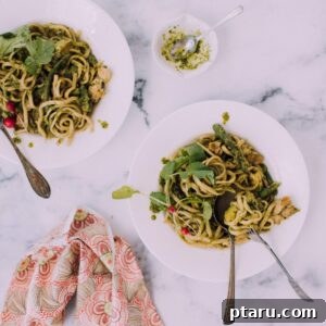 A close-up of the delicious Chicken Fettuccine with Chard-Almond Pesto dish