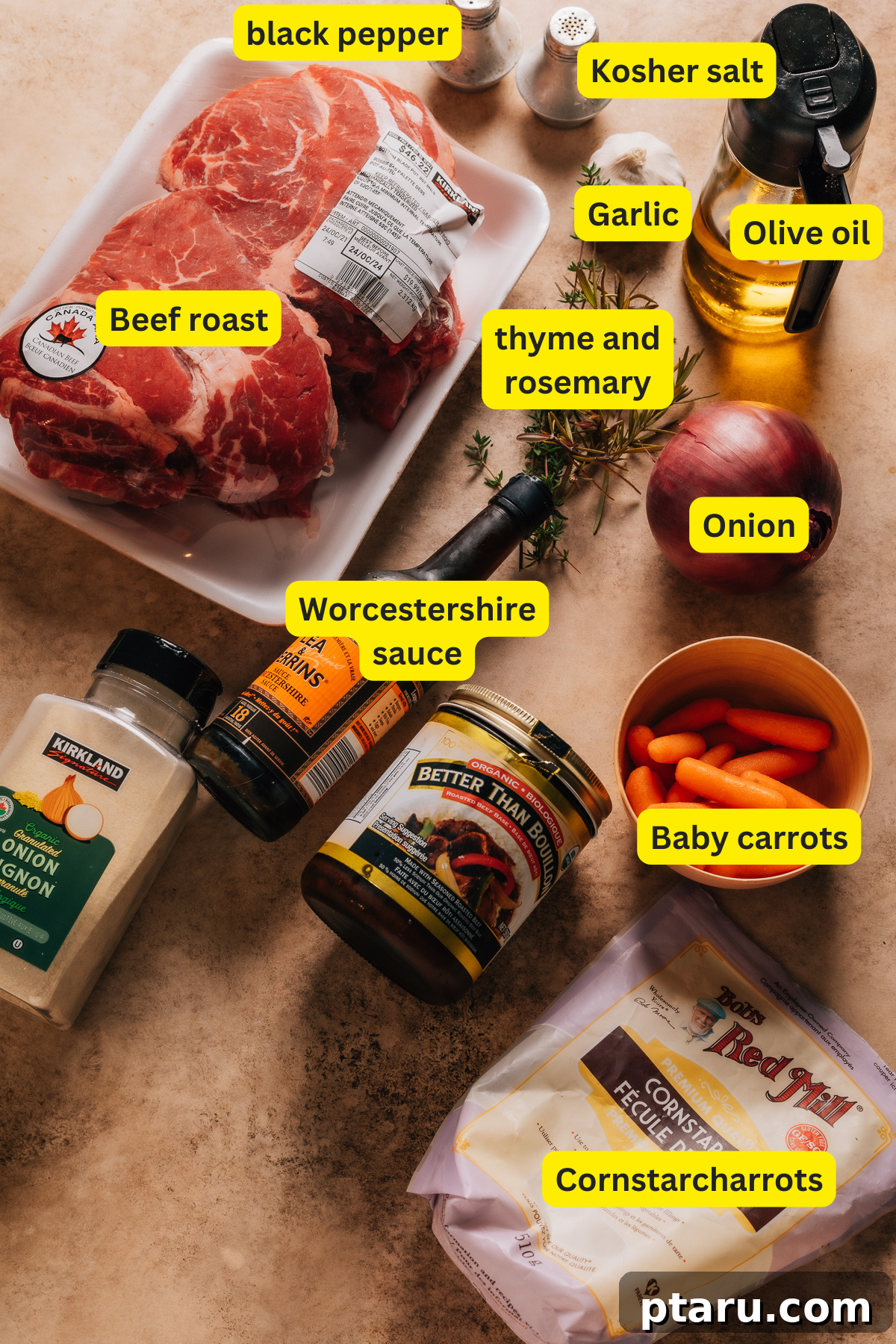 Ultra-Tender Instant Pot Roast Beef 3 Assorted ingredients for Instant Pot Roast Beef, including beef, vegetables, and seasonings