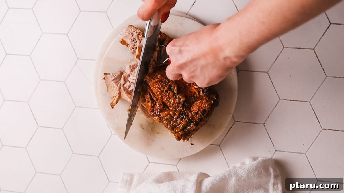 Fall-Apart Tender Instant Pot Pork Loin with an Irresistible Pan Sauce 10 cutting pork on board