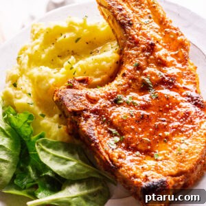 Baked pork chops on a plate with mashed potatoes and salad.