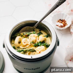 Slow Cooker Creamy Spring Tortellini Soup Recipe, ready to serve.