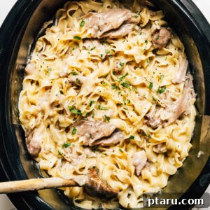 Crockpot Chicken and Noodles in a bowl, with a serving spoon.