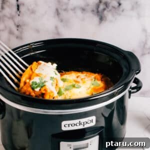 Serving Chicken Enchiladas in Crockpot Slow Cooker with a ladle.