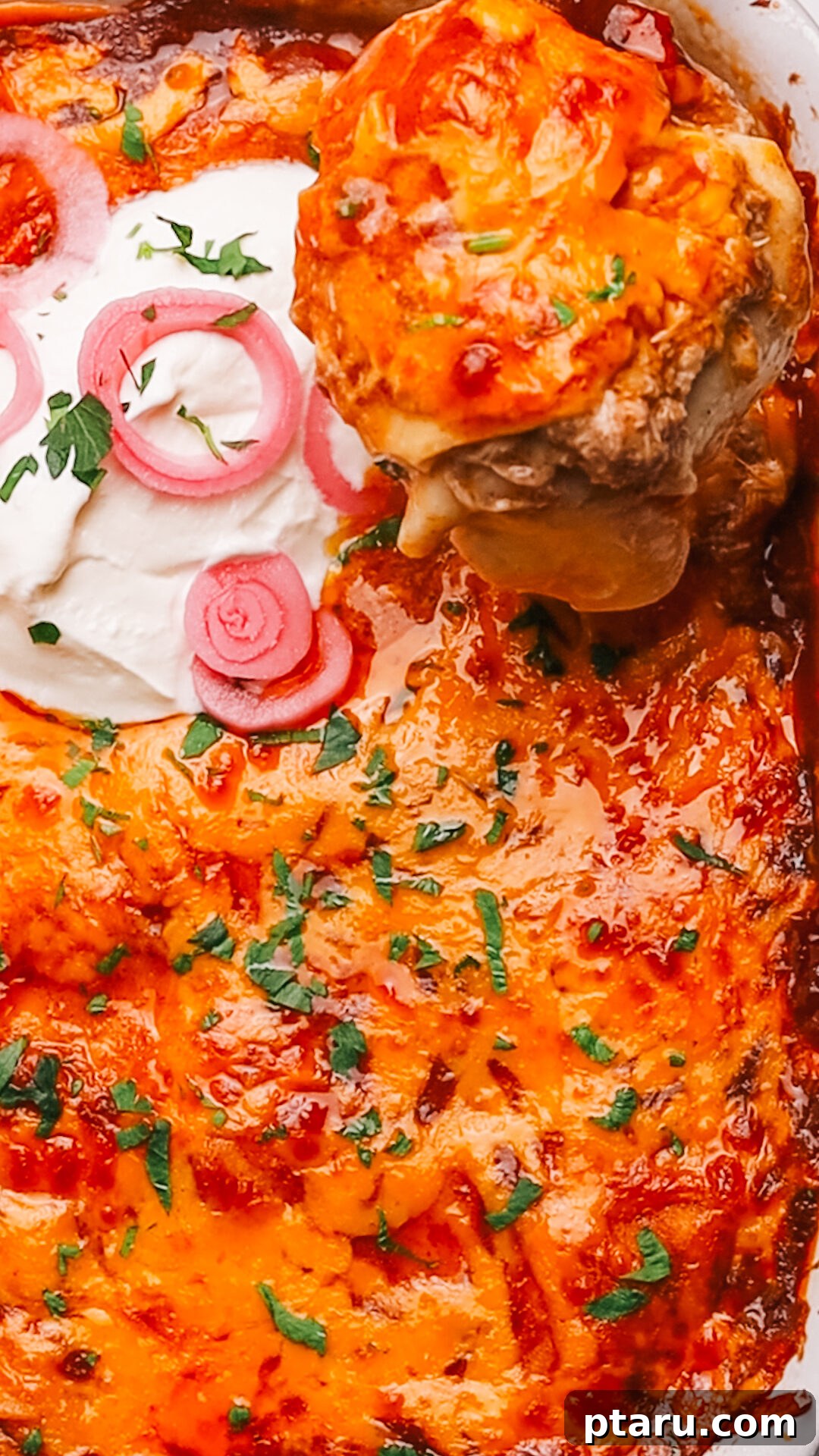 Cheesy Chicken Enchilada Bake 8 A serving of Chicken Enchilada Casserole with a spoon, showing its creamy layers.