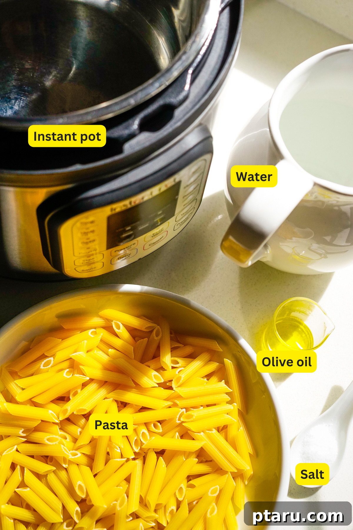 Instant Pot Pasta Perfection 3 Instant Pot Pasta Ingredients laid out
