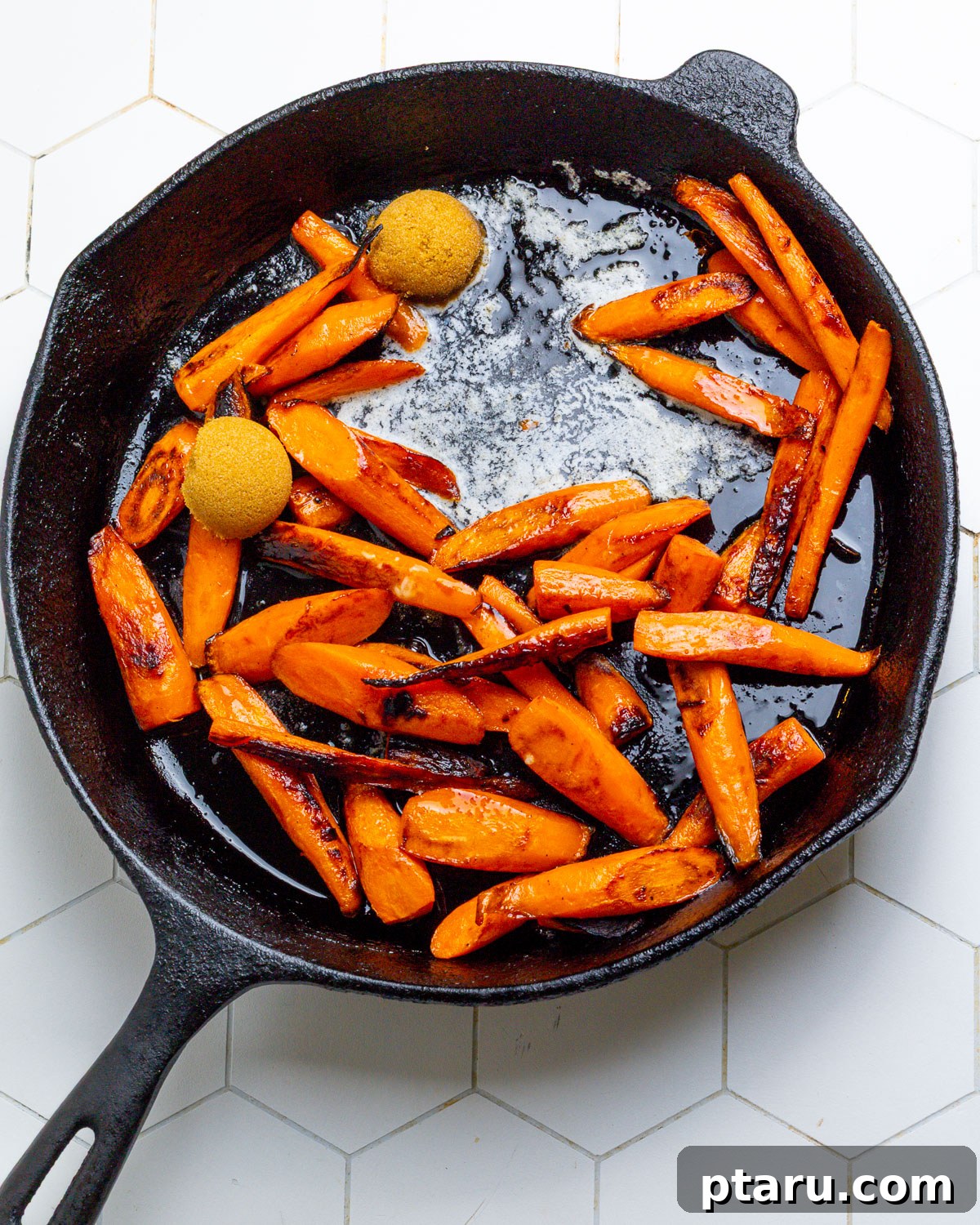 Glistening Sweet Carrots 4 A visual step-by-step guide showing carrots searing, then butter and sugar added, leading to a finished pan of glazed carrots.