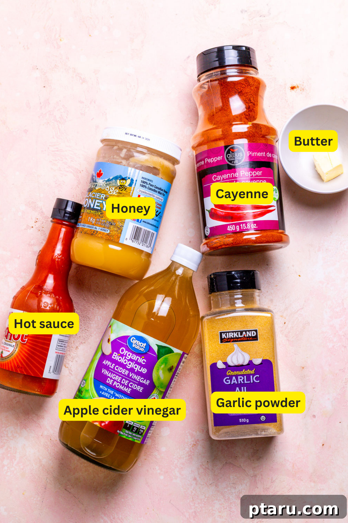 Sweet Heat Honey 3 Ingredients for Hot Honey Sauce laid out
