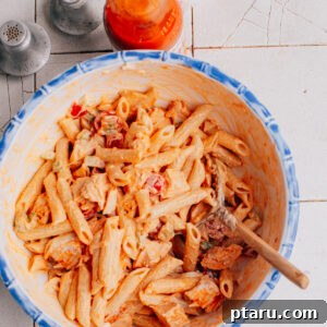 Buffalo Chicken Pasta Salad recipe in a bowl.
