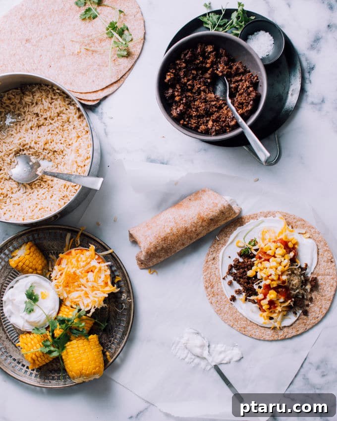Cheesy Beef and Rice Meal Prep Burritos 4 Ingredients for ground beef burritos laid out: tortillas, beef, rice, cheese, yogurt, and salsa.