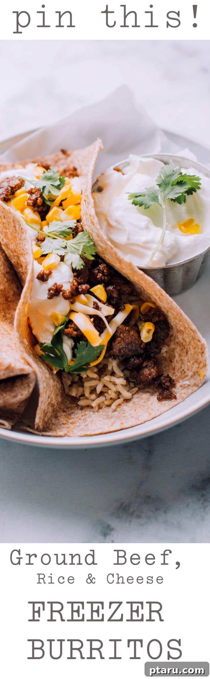 Cheesy Beef and Rice Meal Prep Burritos 6 Several ground beef burritos wrapped in foil, stacked inside a freezer bag.