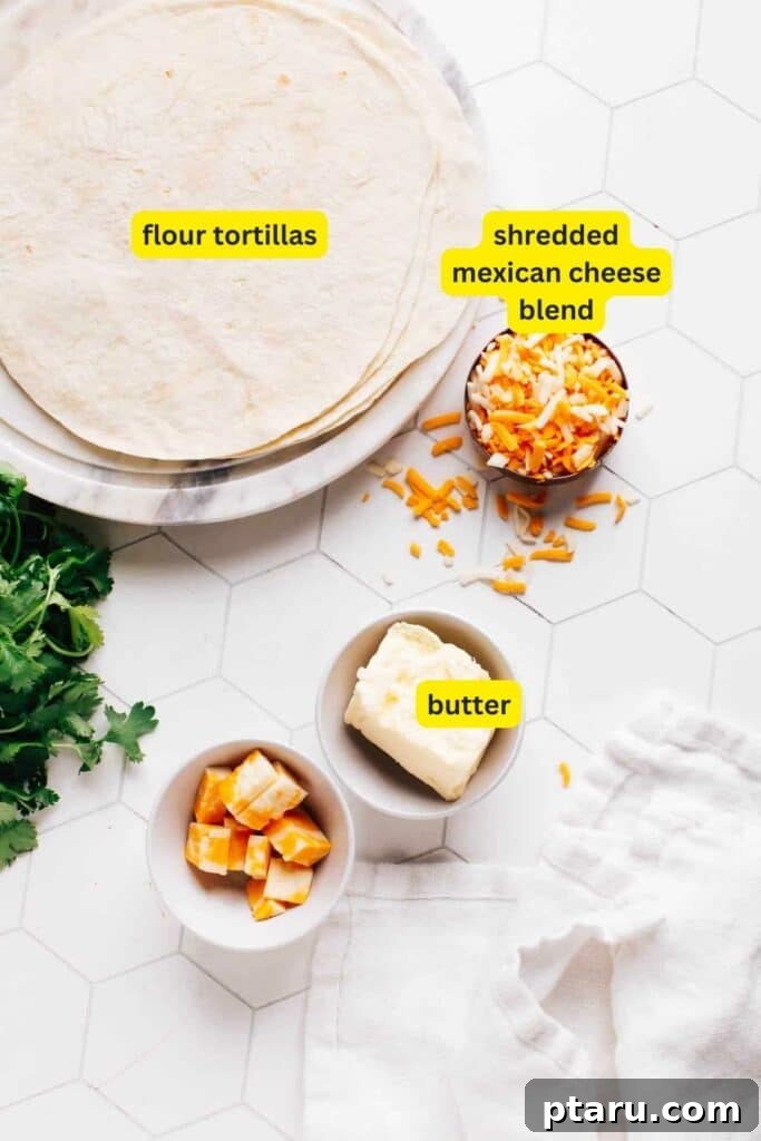 Crispy Air Fryer Quesadillas 3 A selection of quesadilla ingredients including flour tortillas, shredded cheese, and butter.