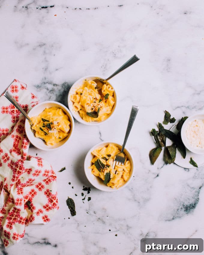 Velvet Pumpkin Pasta with Crispy Sage 5 Two generous bowls of creamy pumpkin pasta sauce with rigatoni, beautifully garnished with golden crispy sage leaves and a sprinkle of Parmesan.
